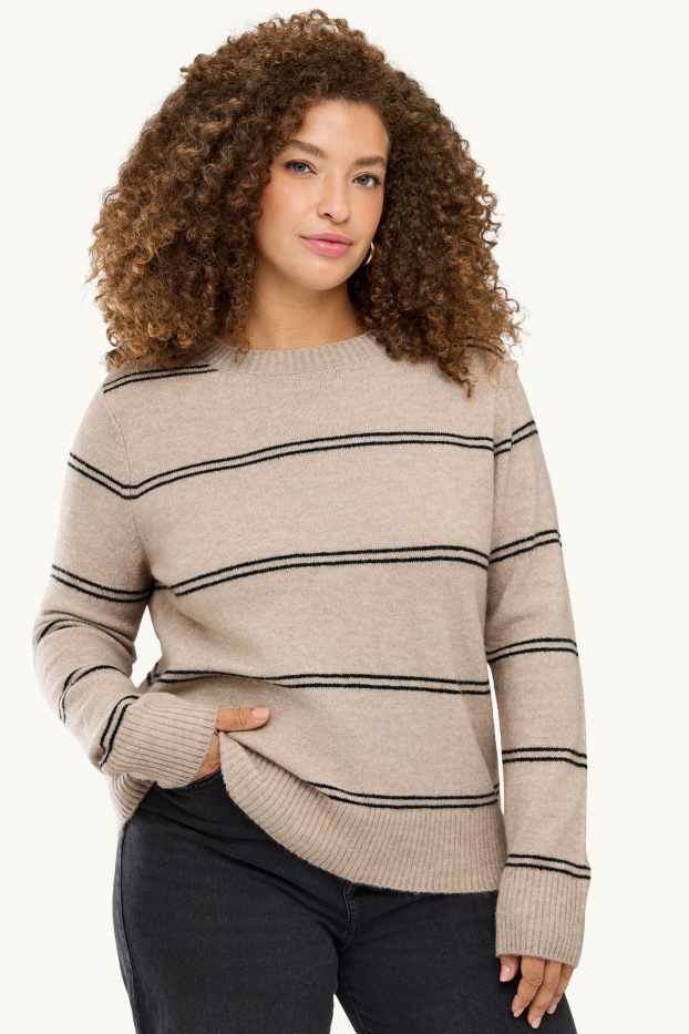 Damen - Pullover - gestreift - schwarz / beige