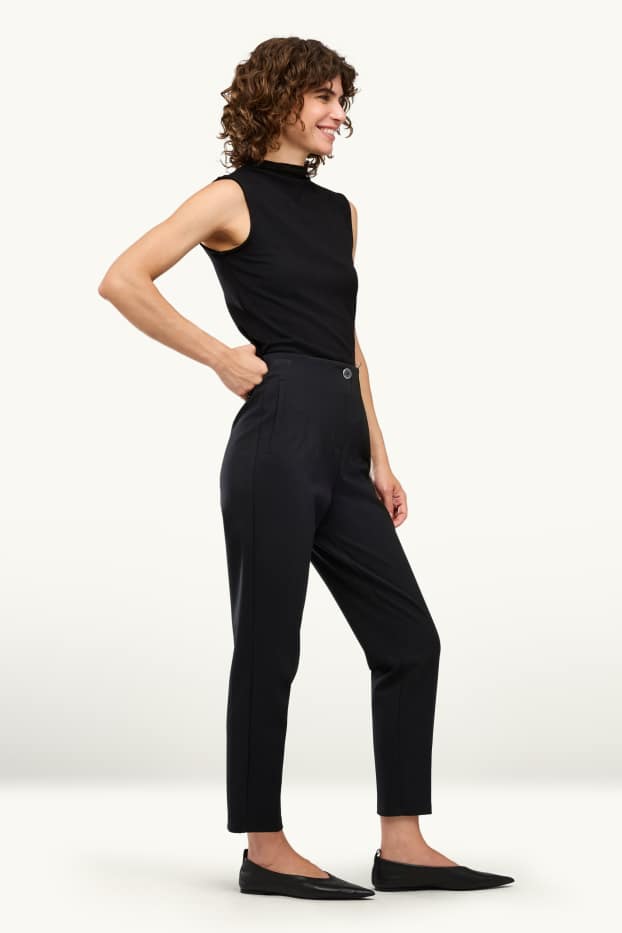 Damen - Crop Stoffhose - High Waist - Tapered Fit - schwarz