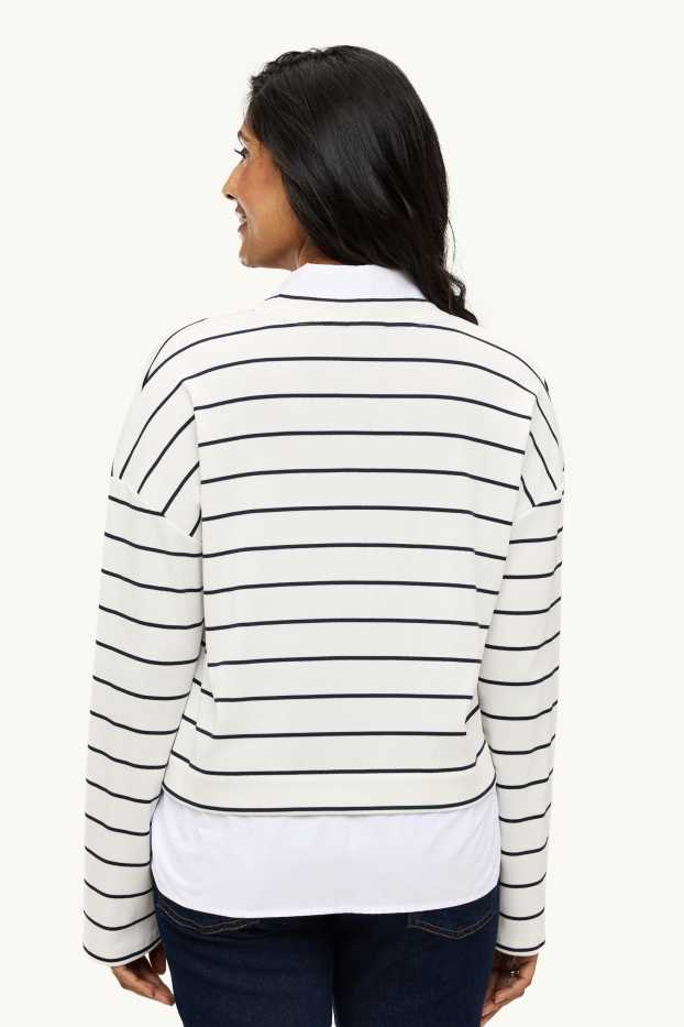 Dames - Longsleeve - 2-in-1-look - gestreept - donkerblauw / crème wit