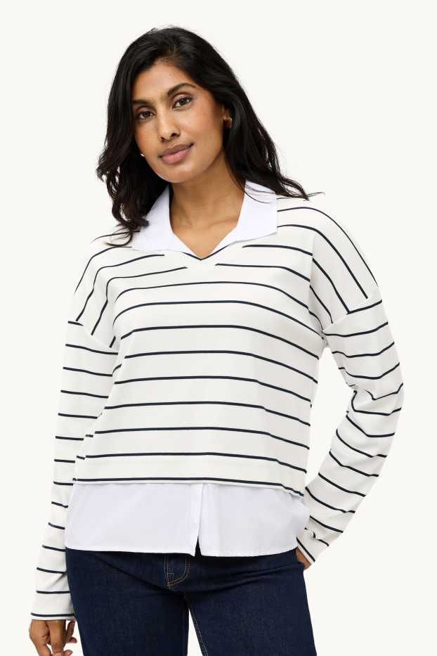 Dames - Longsleeve - 2-in-1-look - gestreept - donkerblauw / crème wit