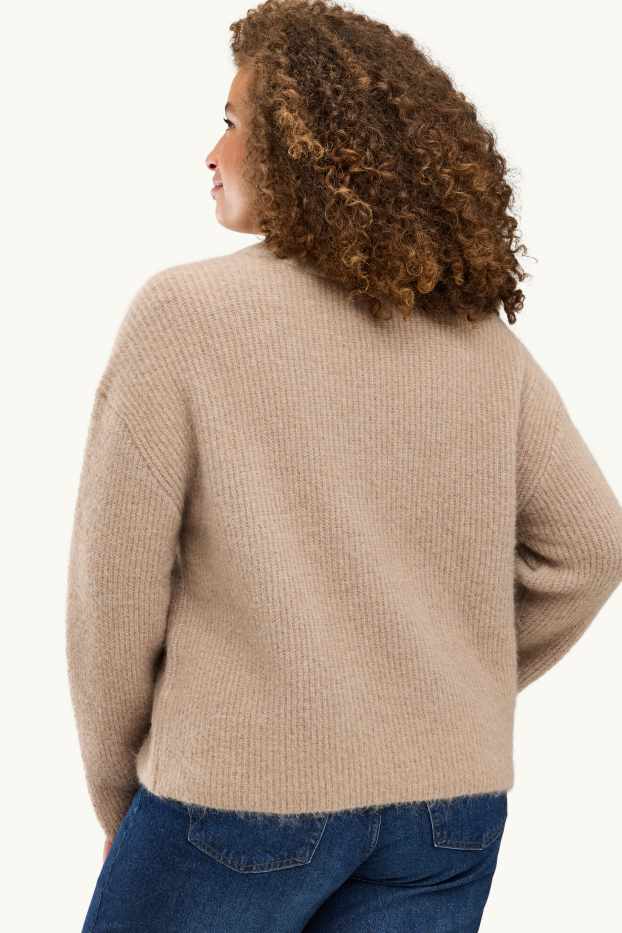 Damen - Strickpullover - gerippt - beige