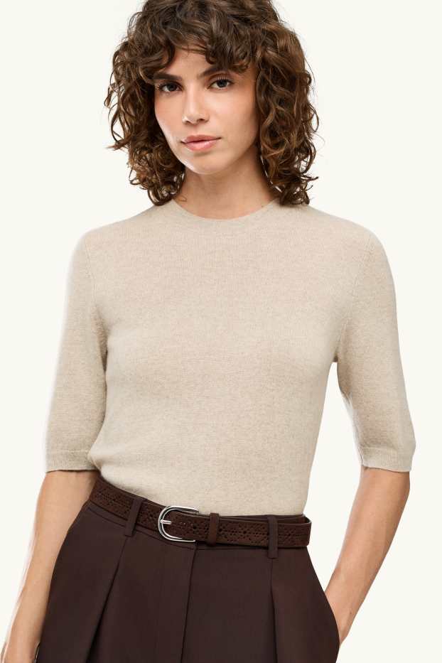 Femmes - Pull en maille en cachemire - manches courtes - beige
