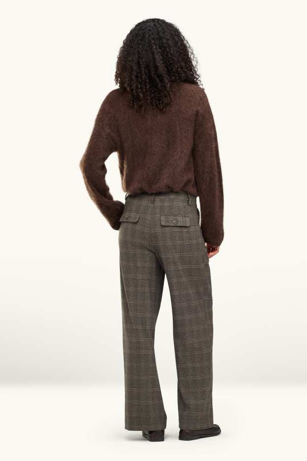 Dames - Pantalon - high waist - wide leg - geruit - bruin