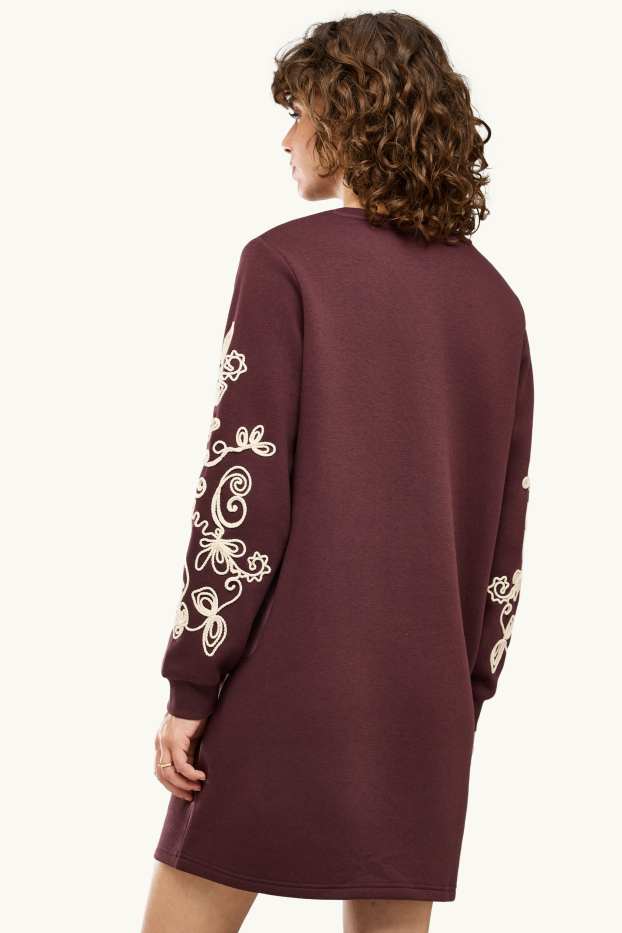 Damen - Sweatkleid - Straight Fit - bestickt - geblümt - bordeaux
