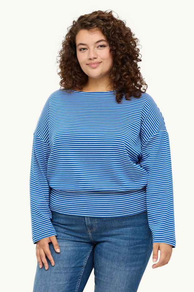 Dámské - Tričko s dlouhým rukávem - slim fit - pruhované - modrá/bílá