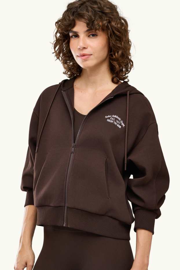 Femmes - Sweat zippé en molleton avec capuche - marron