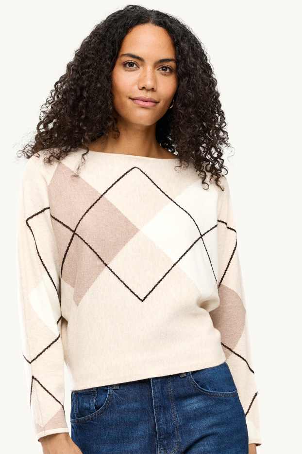 Women - Jumper - check - beige / brown