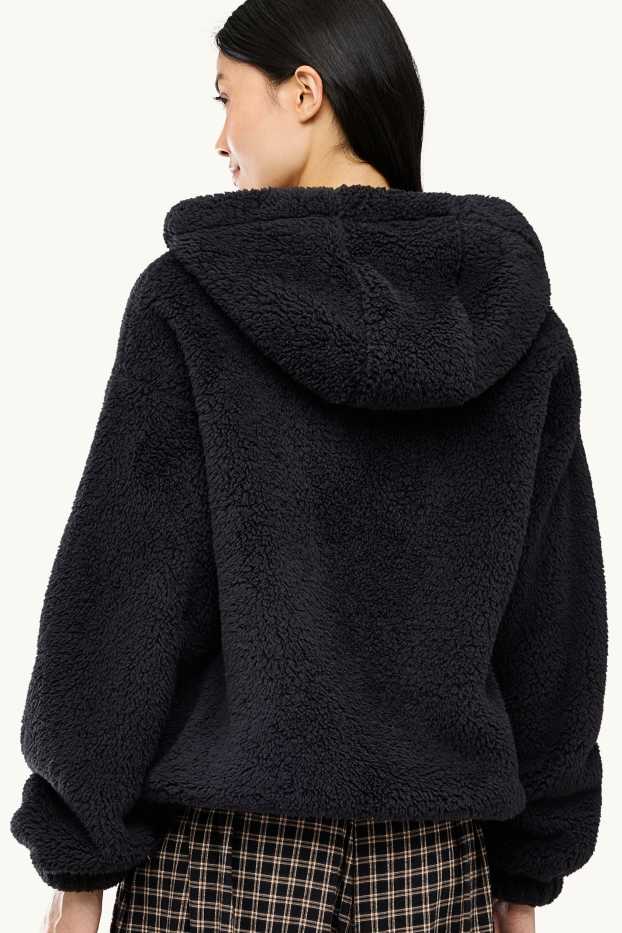 Women - Teddy fur jacket with hood - black