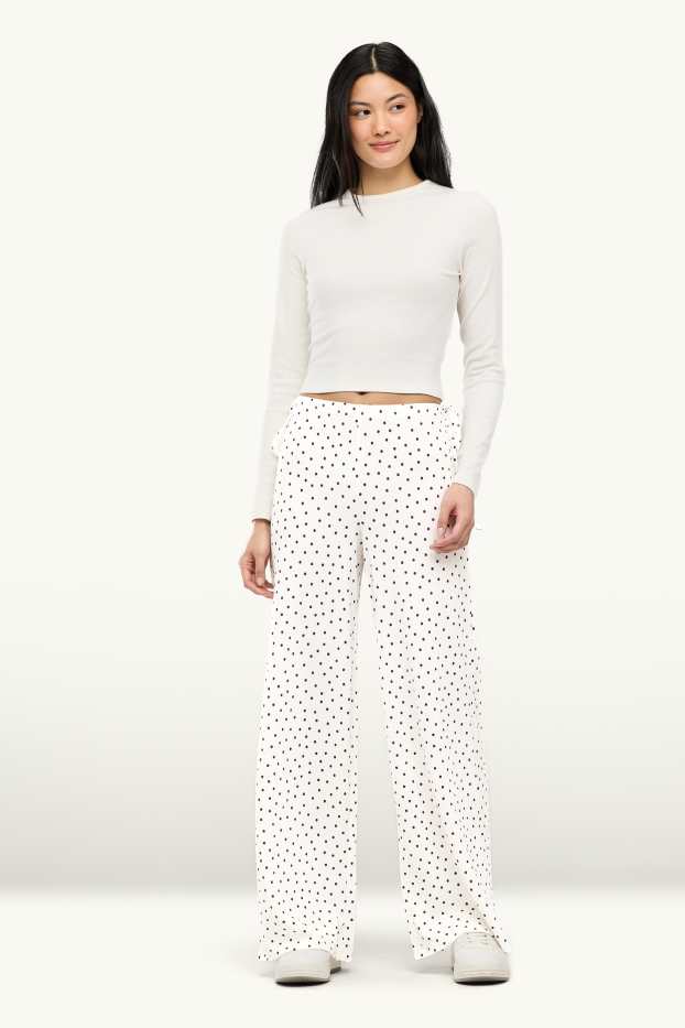 Femmes - Pantalon en toile - mid waist - palazzo - à pois - marron / blanc crème