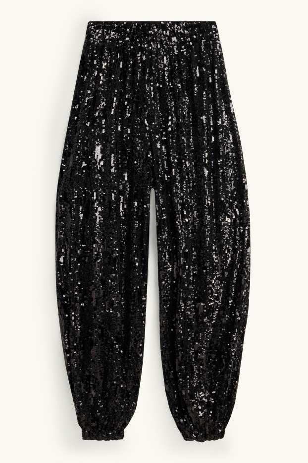 Dames - Paillettenbroek - high waist - balloon leg - zwart / zilver