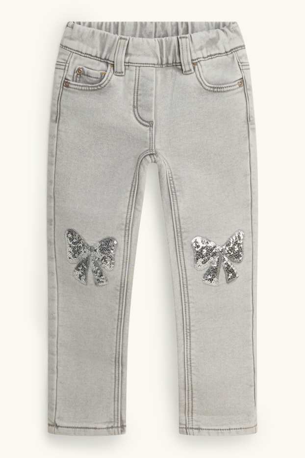 Kinder Mädchen - Schleife - Skinny Jeans - Thermojeans - Glanz-Effekt - helljeansgrau
