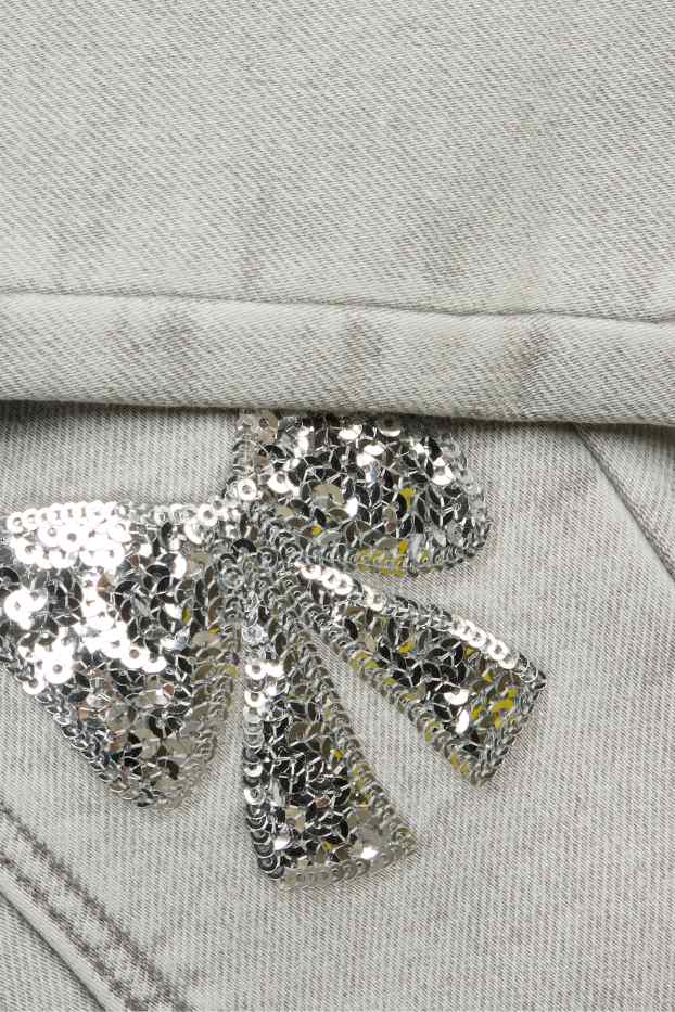 Kinder Mädchen - Schleife - Skinny Jeans - Thermojeans - Glanz-Effekt - helljeansgrau