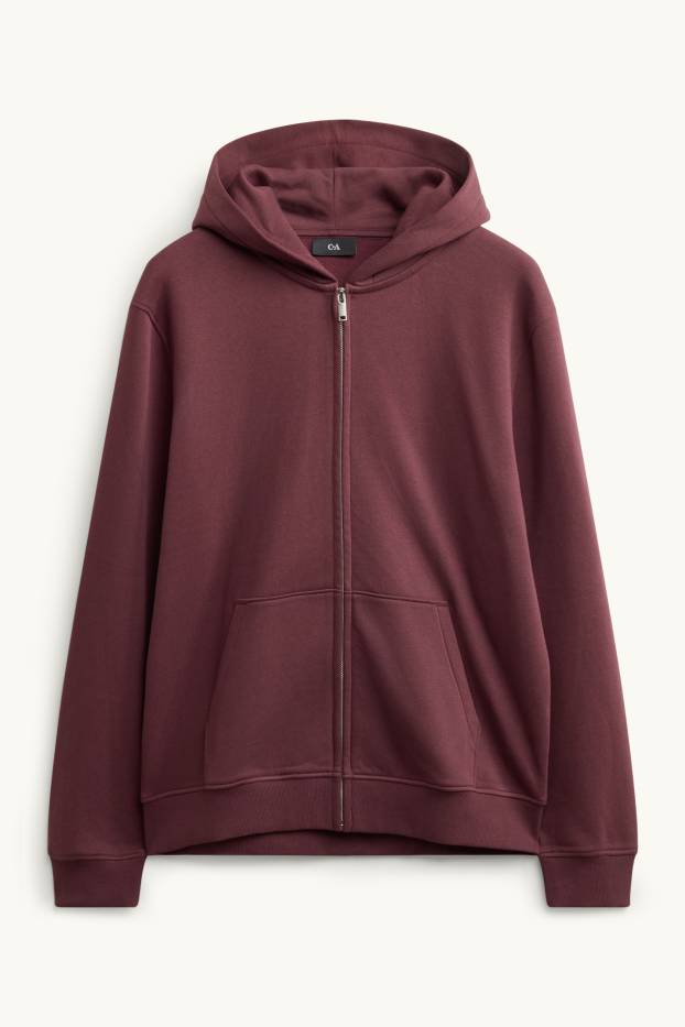Hommes - Sweat zippé en molleton avec capuche - bordeaux