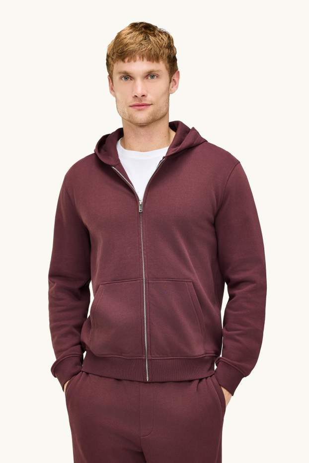 Hommes - Sweat zippé en molleton avec capuche - bordeaux