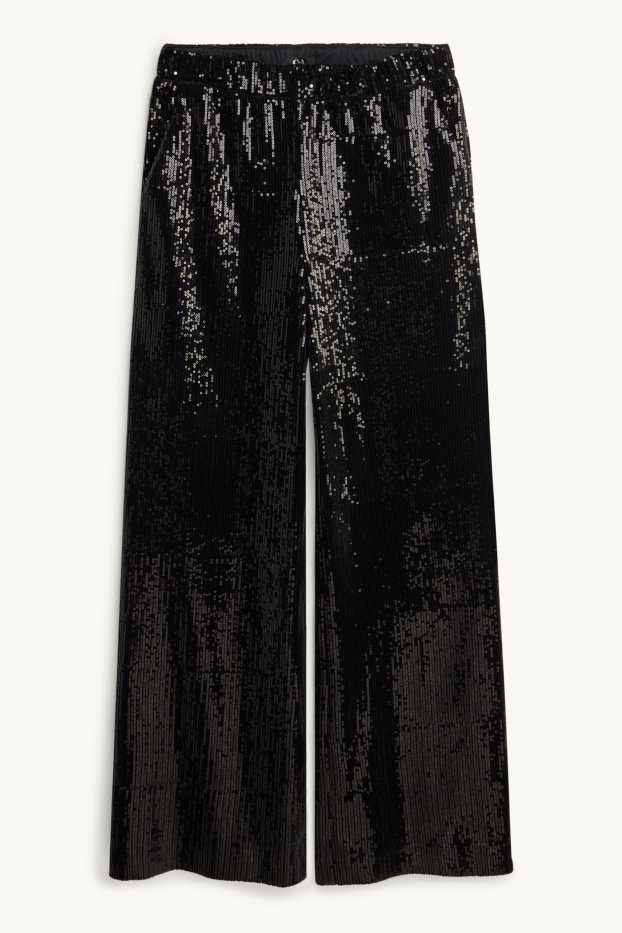 Femmes - Pantalon en sequins - high waist - wide leg - noir