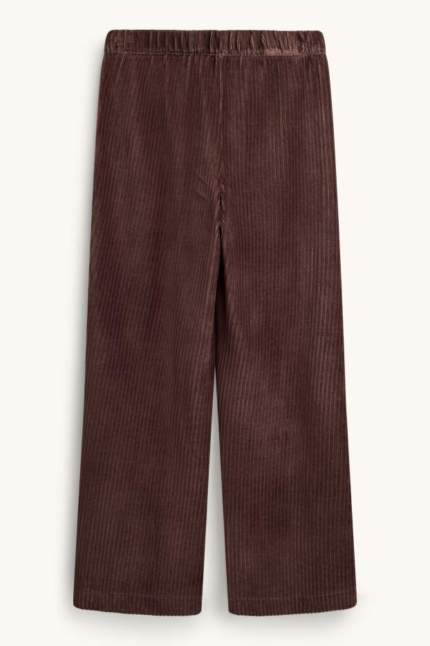 Femei - Pantaloni din catifea reiată - talie înaltă - wide leg - maro
