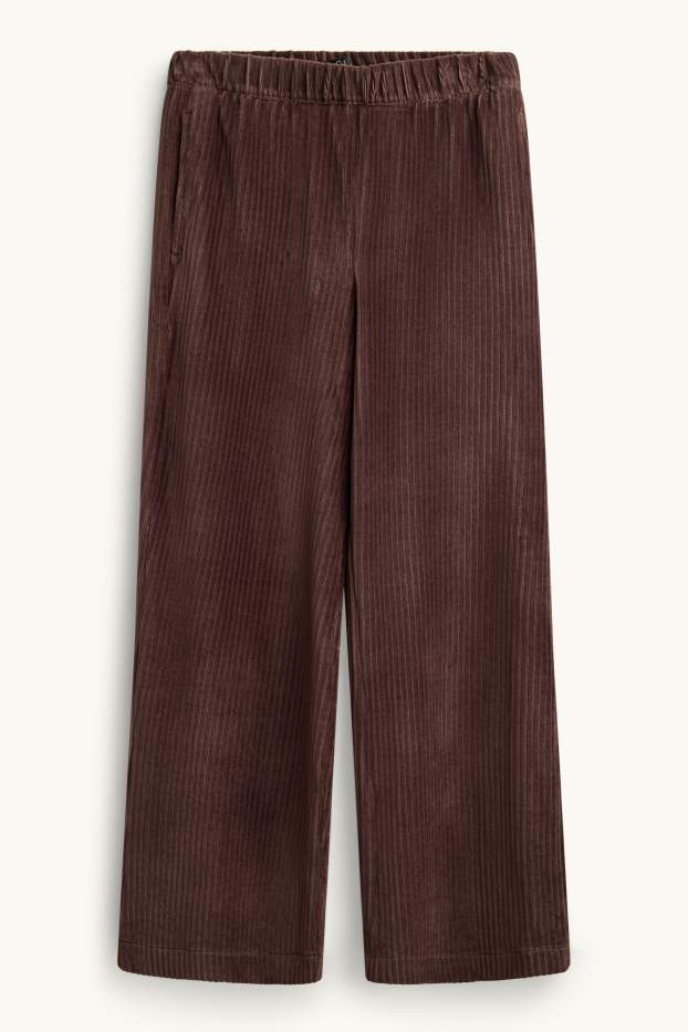 Femei - Pantaloni din catifea reiată - talie înaltă - wide leg - maro