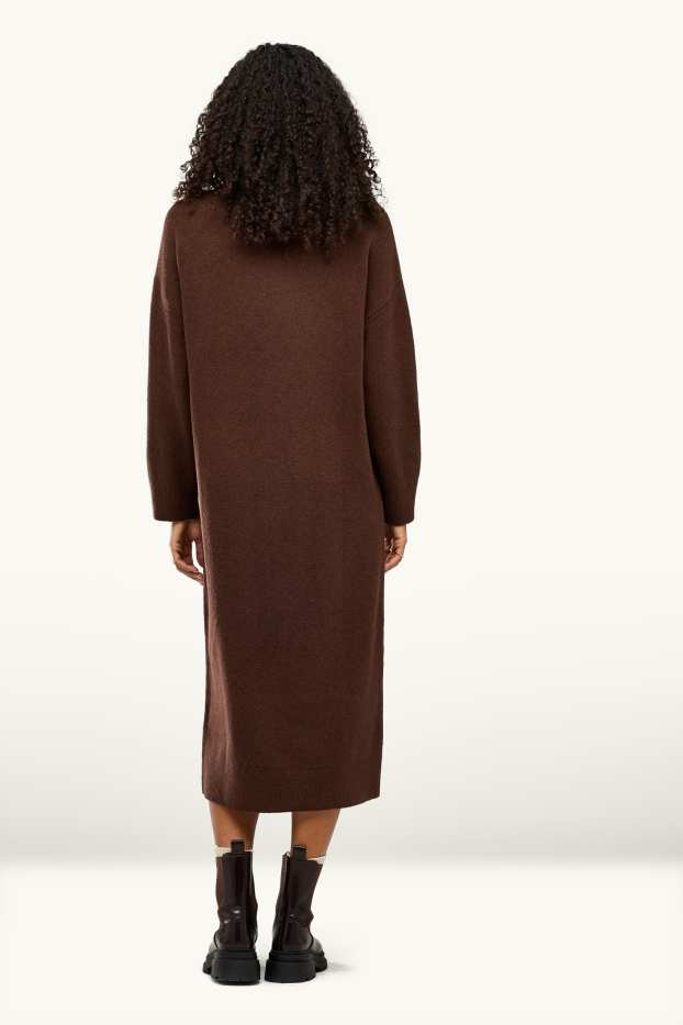 Women - Knitted dress with band collar - straight fit - dark brown