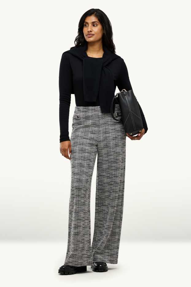 Femmes - Pantalon en finition bouclée - high waist - wide leg - gris chiné