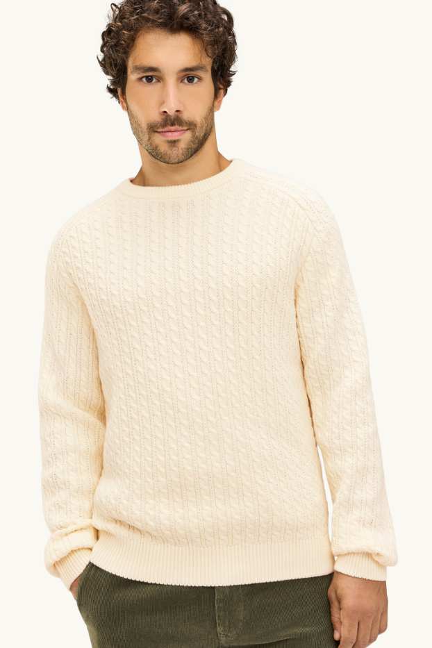 Herren - Pullover - Zopfmuster - cremeweiss