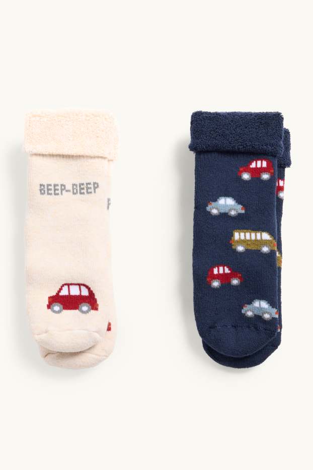 Baby Boys - Multipack of 2 - car - baby slipper socks with motif - dark blue / creme white