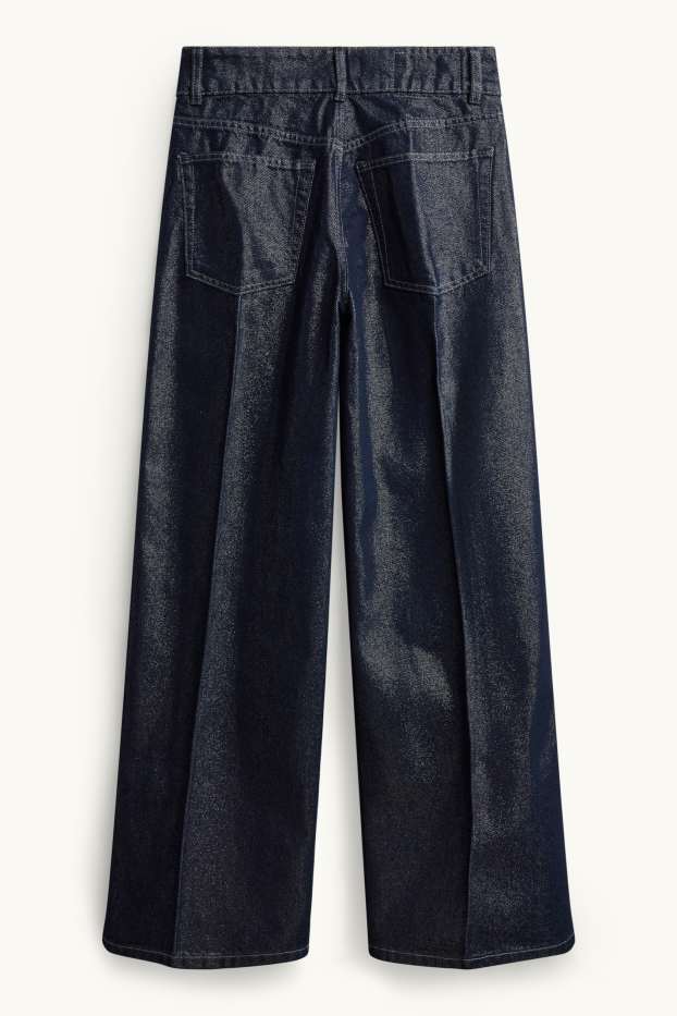 Women - Wide leg jeans - mid-rise waist - shiny - dark blue