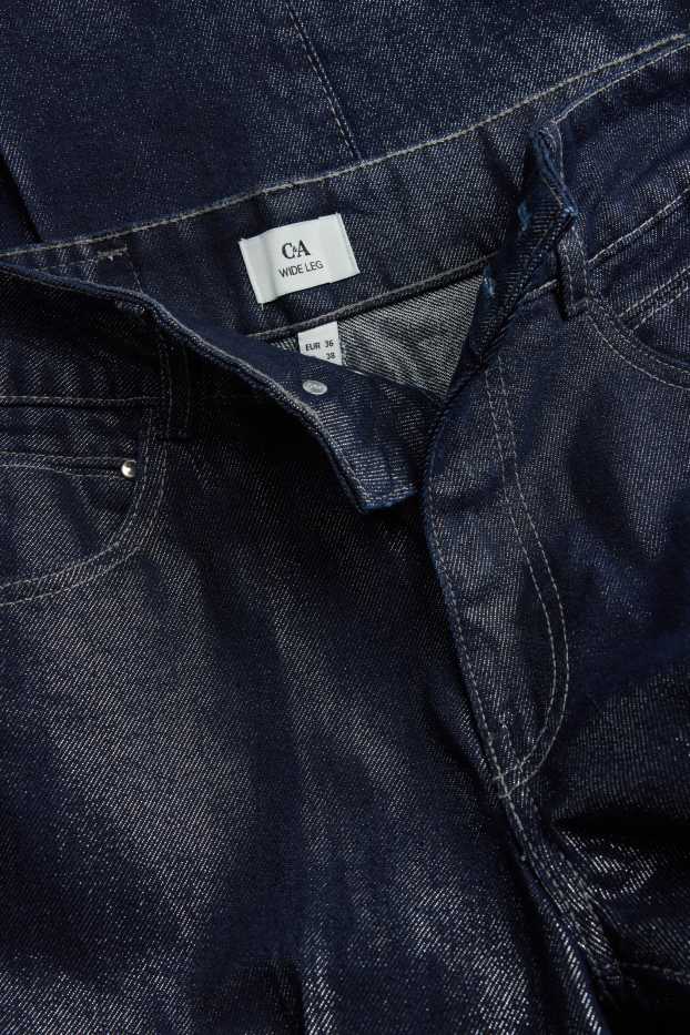 Women - Wide leg jeans - mid-rise waist - shiny - dark blue
