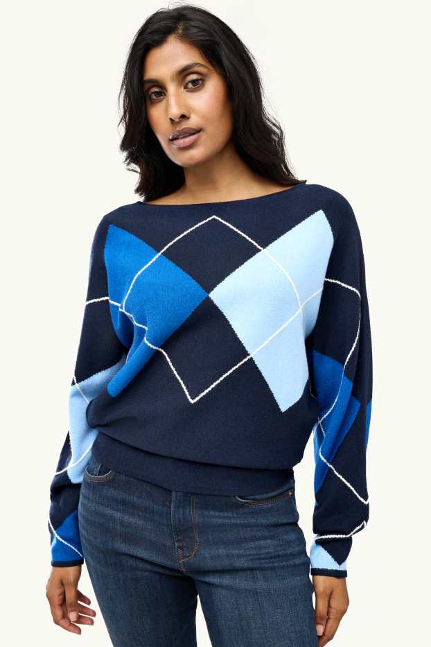 Women - Jumper - check - blue / dark blue