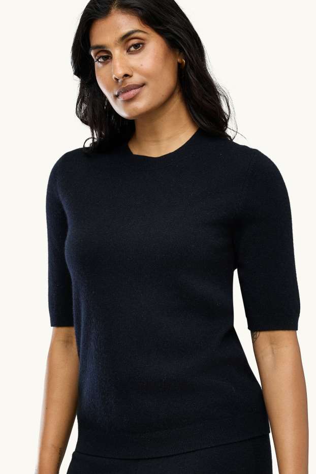 Damen - Kaschmir-Strickpullover - kurzarm - schwarz