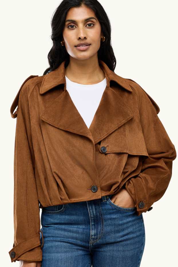 Donna - Trench corto - similpelle scamosciata - marrone