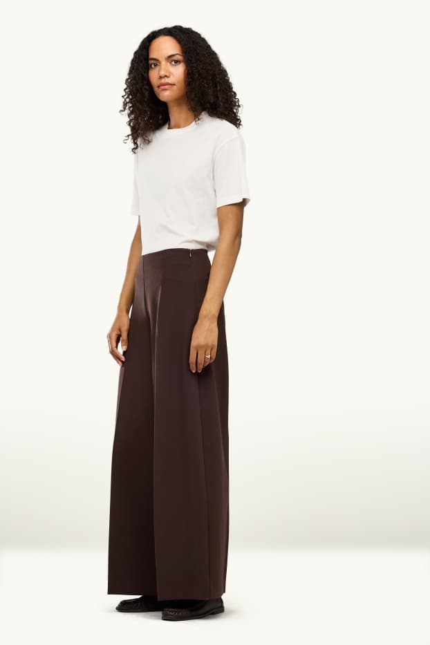Dona - Pantalons de tela - high waist - wide leg - marró fosc