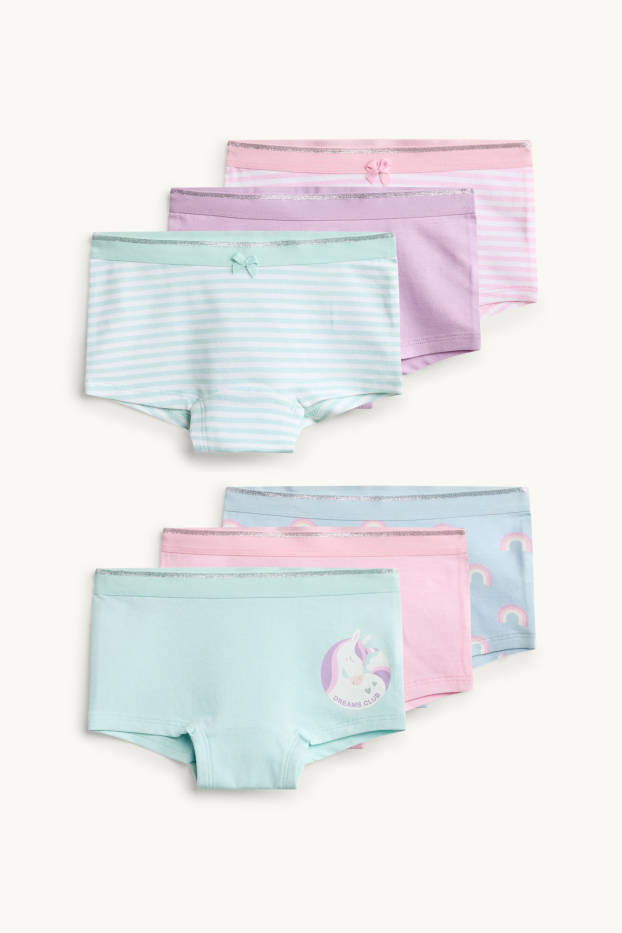 Bambine - Confezione da 7 - motivo unicorno e arcobaleno - boxer - rosa / blu