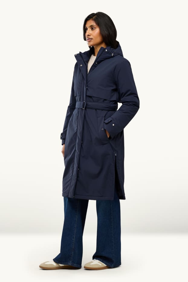 Dames - Sporttrenchcoat met capucon en ceintuur - gevoerd - donkerblauw