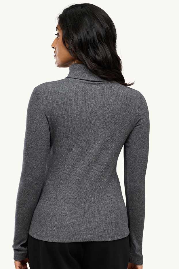 Damen - Rollkragenshirt - gerippt - dunkelgrau-melange