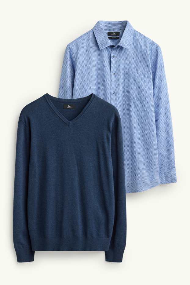 Men - Set - jumper and business shirt - 2 piece - blue / dark blue
