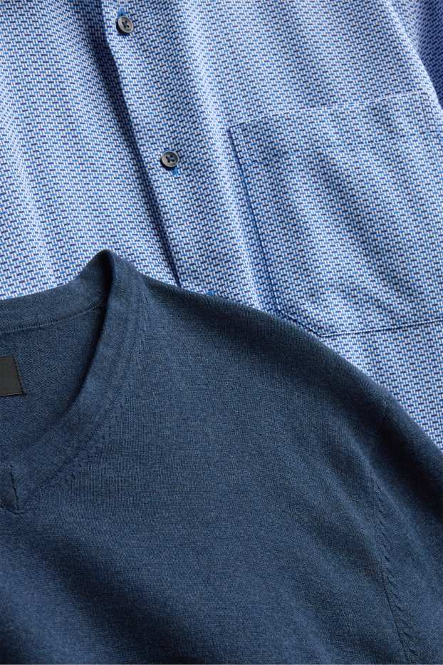 Men - Set - jumper and business shirt - 2 piece - blue / dark blue