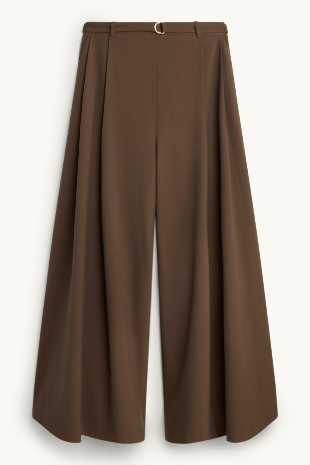 Femmes - Pantalon en toile avec ceinture - high waist - wide leg - marron foncé