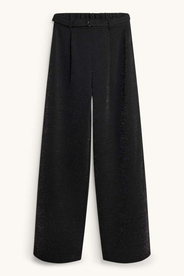 Women - Cloth trousers with belt - high waist - wide leg - shiny - black