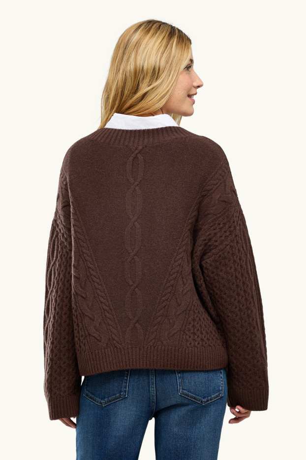 Femmes - Pull avec encolure V contenant du cachemire - laine mélangée - marron foncé