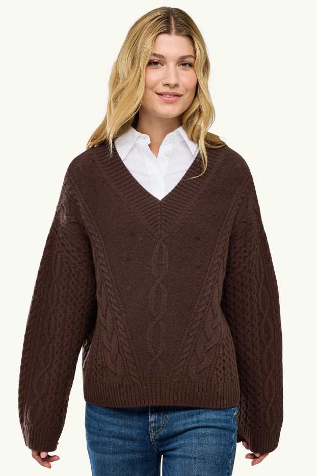 Femmes - Pull avec encolure V contenant du cachemire - laine mélangée - marron foncé