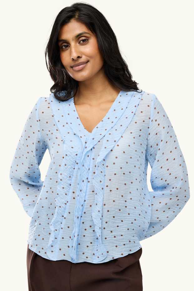 Women - Chiffon blouse with V-neck - polka dot - light blue