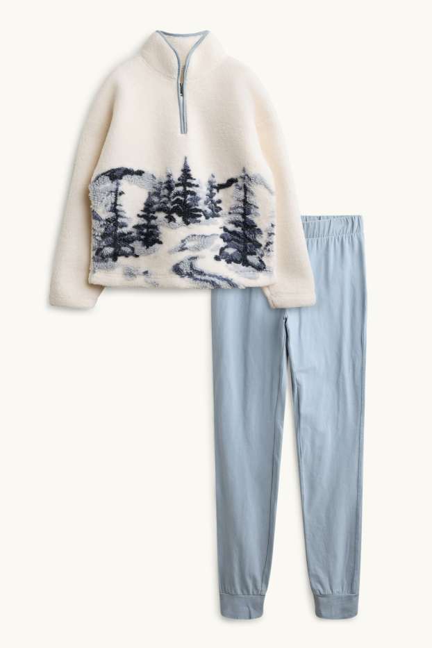 Dames - Fleecepyjama - blauw / wit