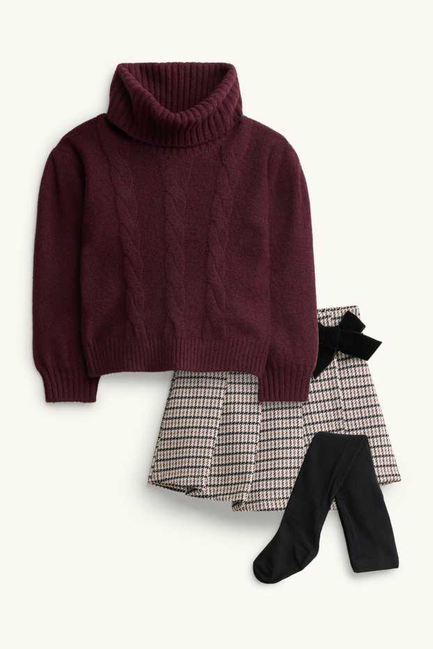 Copii - Fete - Set - pulover, fustă și dresuri - 3 piese - bordo / negru