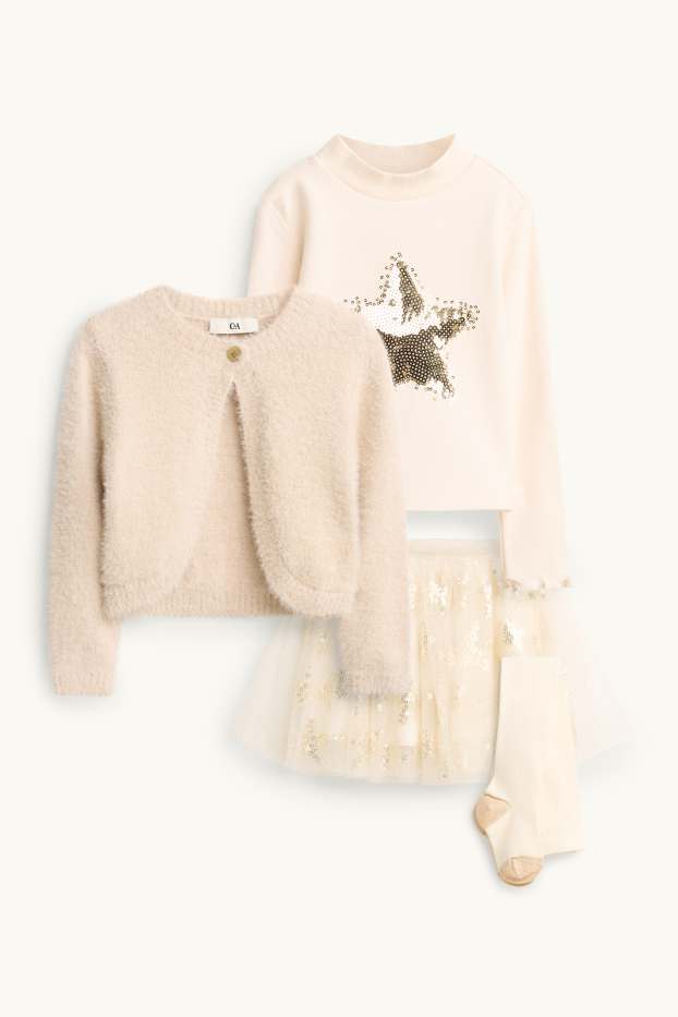 Enfants filles - Étoile - ensemble - gilet en maille, haut à manches longues, jupe, collants - blanc crème