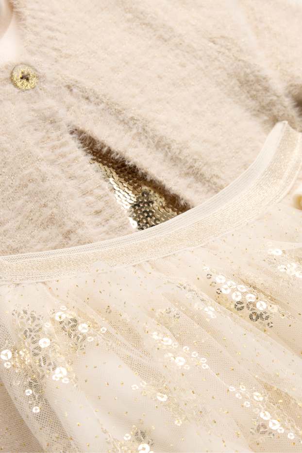 Enfants filles - Étoile - ensemble - gilet en maille, haut à manches longues, jupe, collants - blanc crème