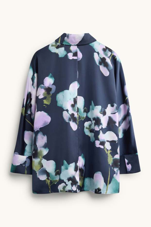 Damen - Satin-Hemdbluse - geblümt - dunkelblau