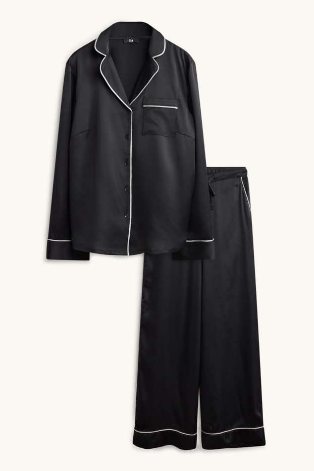 Damen - Satin-Pyjama - schwarz / weiß