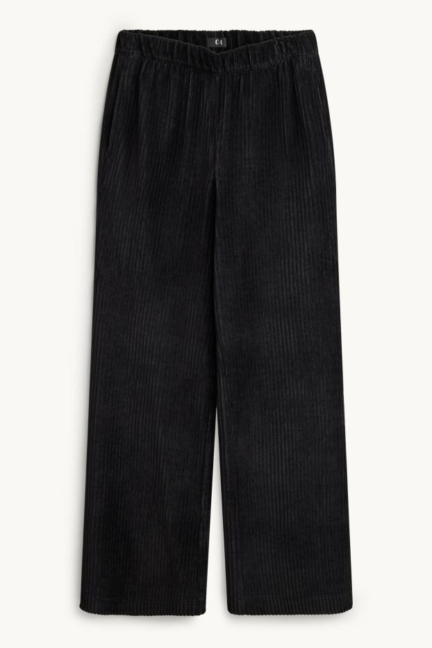 Dames - Broek van corduroy - high waist - wide leg - zwart