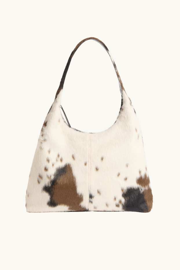 Dámské - Velká kabelka shopper z umělé kožešiny - se vzorem - hnědá / krémově bílá