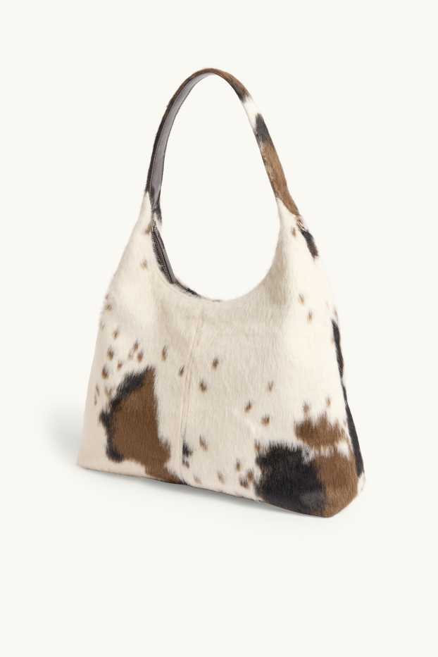 Dámské - Velká kabelka shopper z umělé kožešiny - se vzorem - hnědá / krémově bílá
